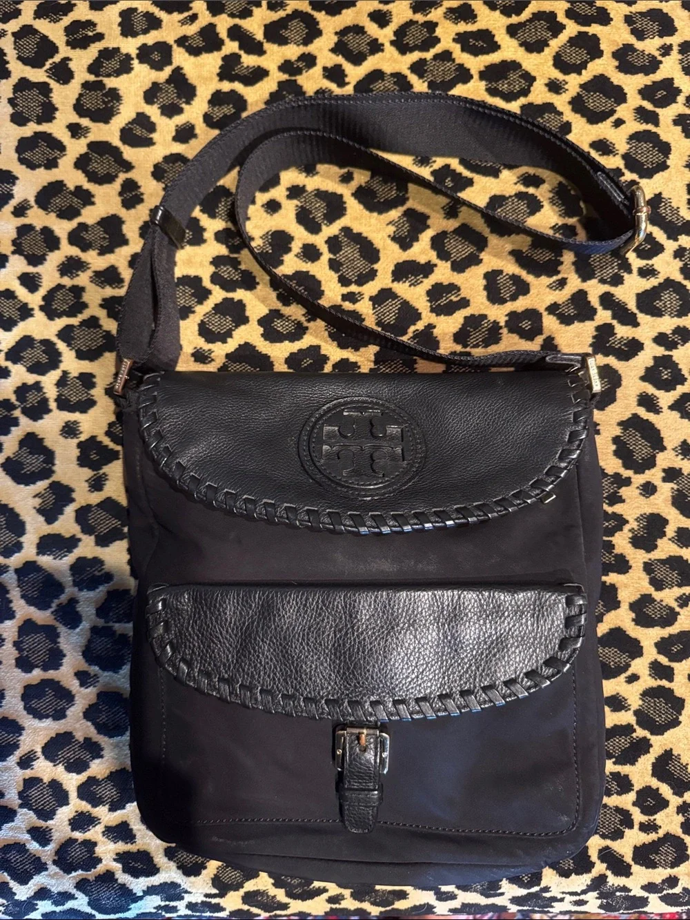 Tory Burch Black Leather-Trim Messenger Bag